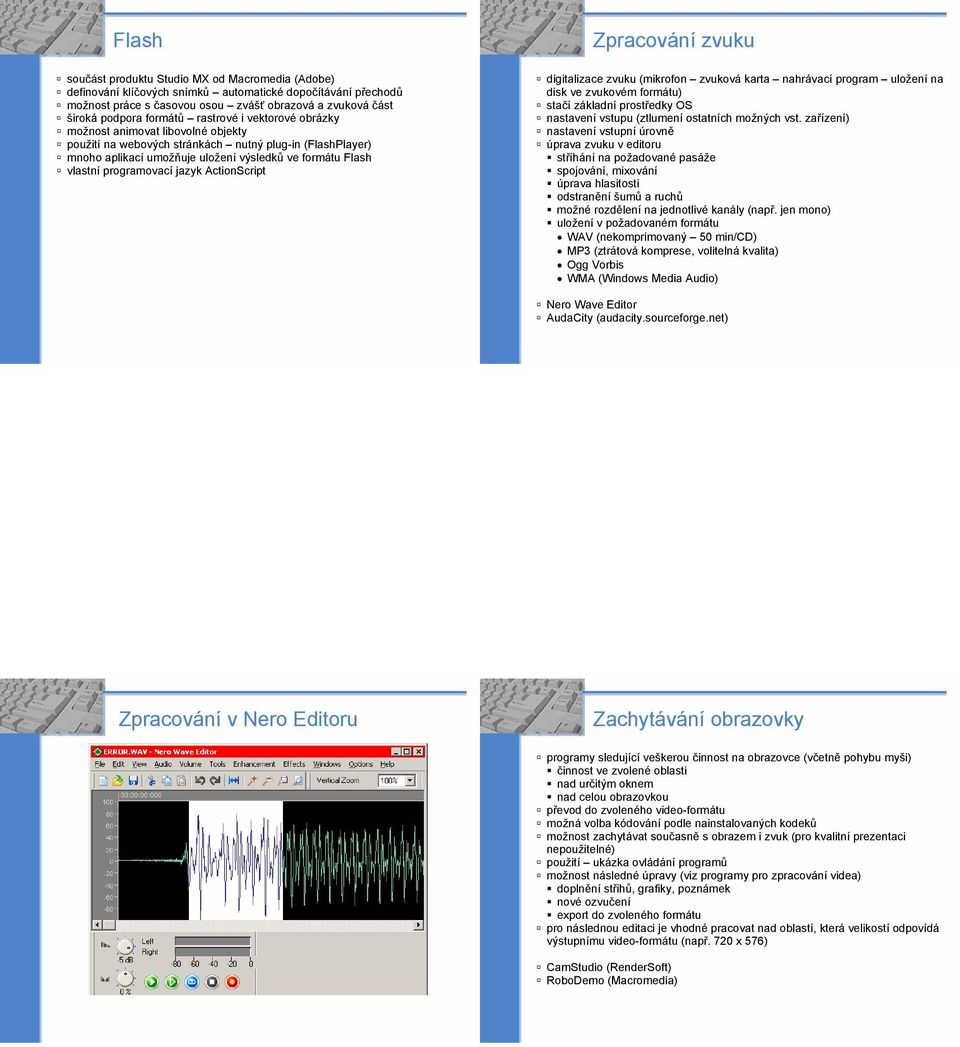 programovací jazyk ActionScript Zpracování zvuku digitalizace zvuku (mikrofon zvuková karta nahrávací program uložení na disk ve zvukovém formátu) stačí základní prostředky OS nastavení vstupu