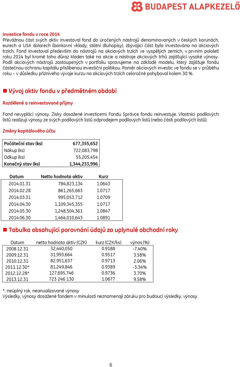 Fond investoval především do nástrojů na akciových trzích ve vyspělých zemích, v prvním pololetí roku 2014 byl kromě toho důraz kladen také na akcie a nástroje akciových trhů zajišťující vysoké