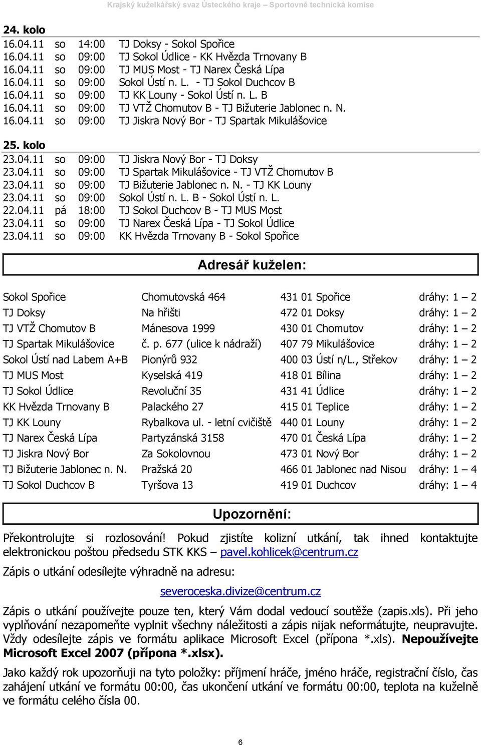 04.11 so 09:00 TJ Spartak Mikulášovice - TJ VTŽ Chomutov B 23.04.11 so 09:00 TJ Bižuterie Jablonec n. N. - TJ KK Louny 23.04.11 so 09:00 Sokol Ústí n. L. B - Sokol Ústí n. L. 22.04.11 pá 18:00 TJ Sokol Duchcov B - TJ MUS Most 23.