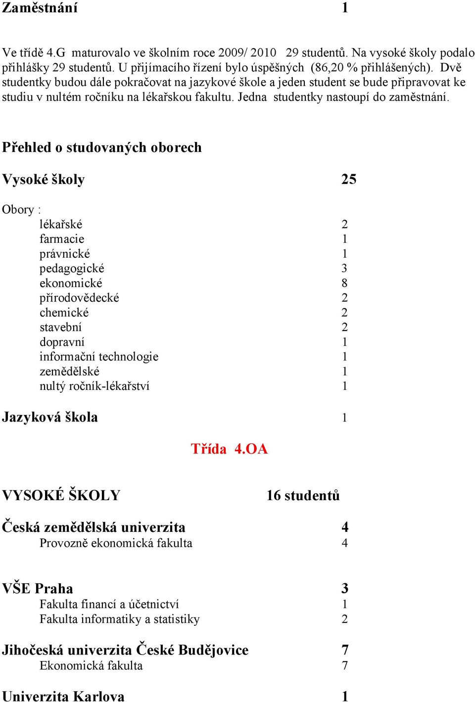 Přehled o studovaných oborech Vysoké školy 25 Obory : lékařské 2 farmacie 1 právnické 1 pedagogické 3 ekonomické 8 přírodovědecké 2 chemické 2 stavební 2 dopravní 1 informační technologie 1