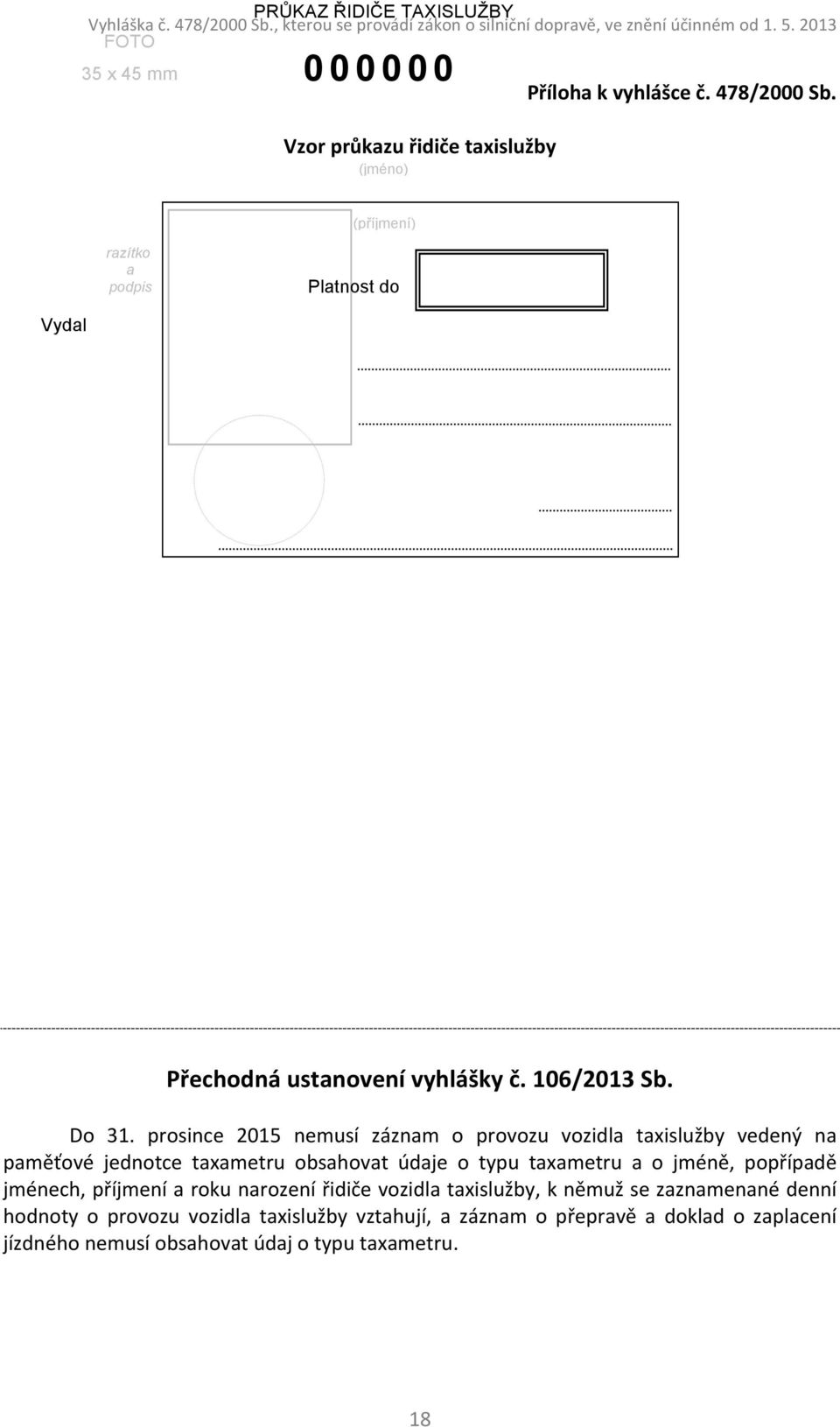 (příjmení) razítko a podpis Platnost do Vydal Přechodná ustanovení vyhlášky č. 106/2013 Sb. Do 31.