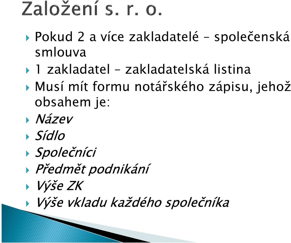 notářského zápisu, jehož obsahem je: Název Sídlo