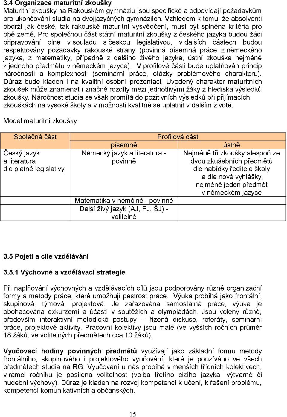 Pro společnou část státní maturitní zkoušky z českého jazyka budou žáci připravování plně v souladu s českou legislativou, v dalších částech budou respektovány požadavky rakouské strany (povinná