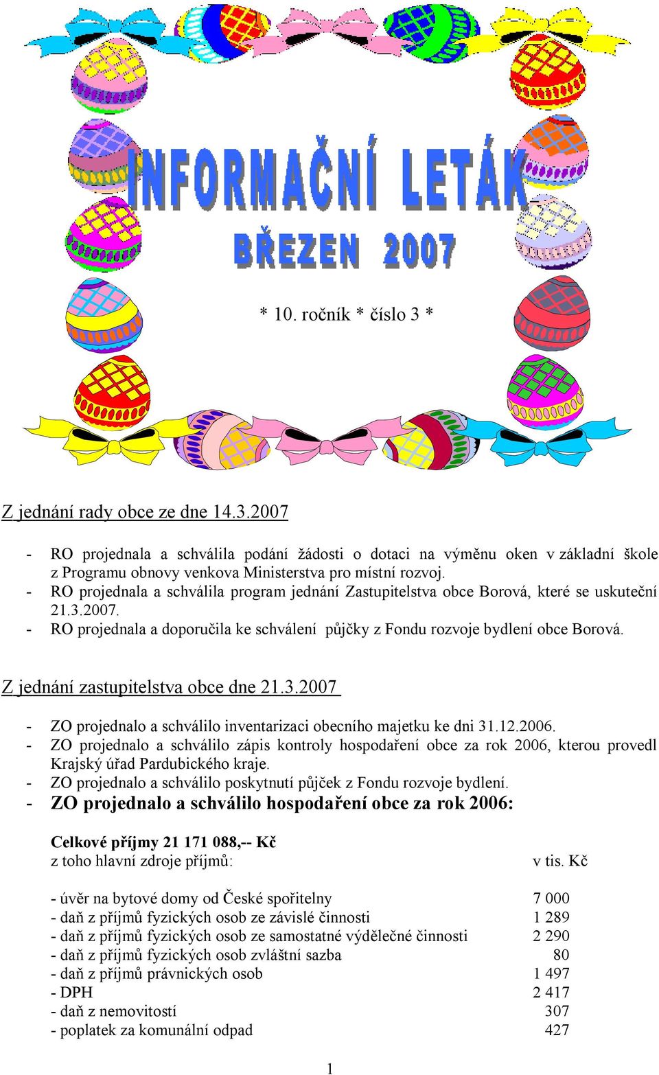 Z jednání zastupitelstva obce dne 21.3.2007 - ZO projednalo a schválilo inventarizaci obecního majetku ke dni 31.12.2006.