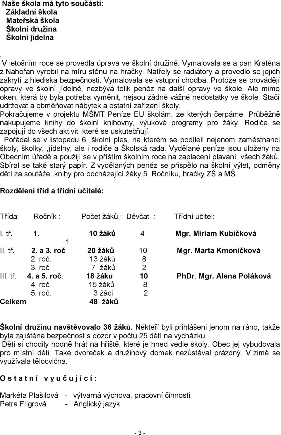 Protože se provádějí opravy ve školní jídelně, nezbývá tolik peněz na další opravy ve škole. Ale mimo oken, která by byla potřeba vyměnit, nejsou žádné vážné nedostatky ve škole.