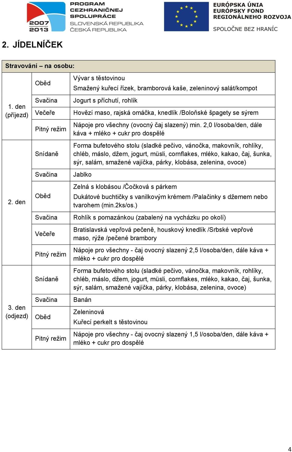 salát/kompot Jogurt s příchutí, rohlík Hovězí maso, rajská omáčka, knedlík /Boloňské špagety se sýrem Nápoje pro všechny (ovocný čaj slazený) min.