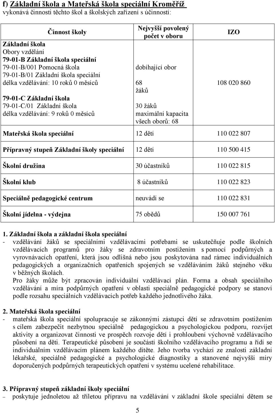 počet v oboru dobíhající obor 68 žáků 30 žáků maximální kapacita všech oborů: 68 IZO 108 020 860 Mateřská škola speciální 12 dětí 110 022 807 Přípravný stupeň Základní školy speciální 12 dětí 110 500