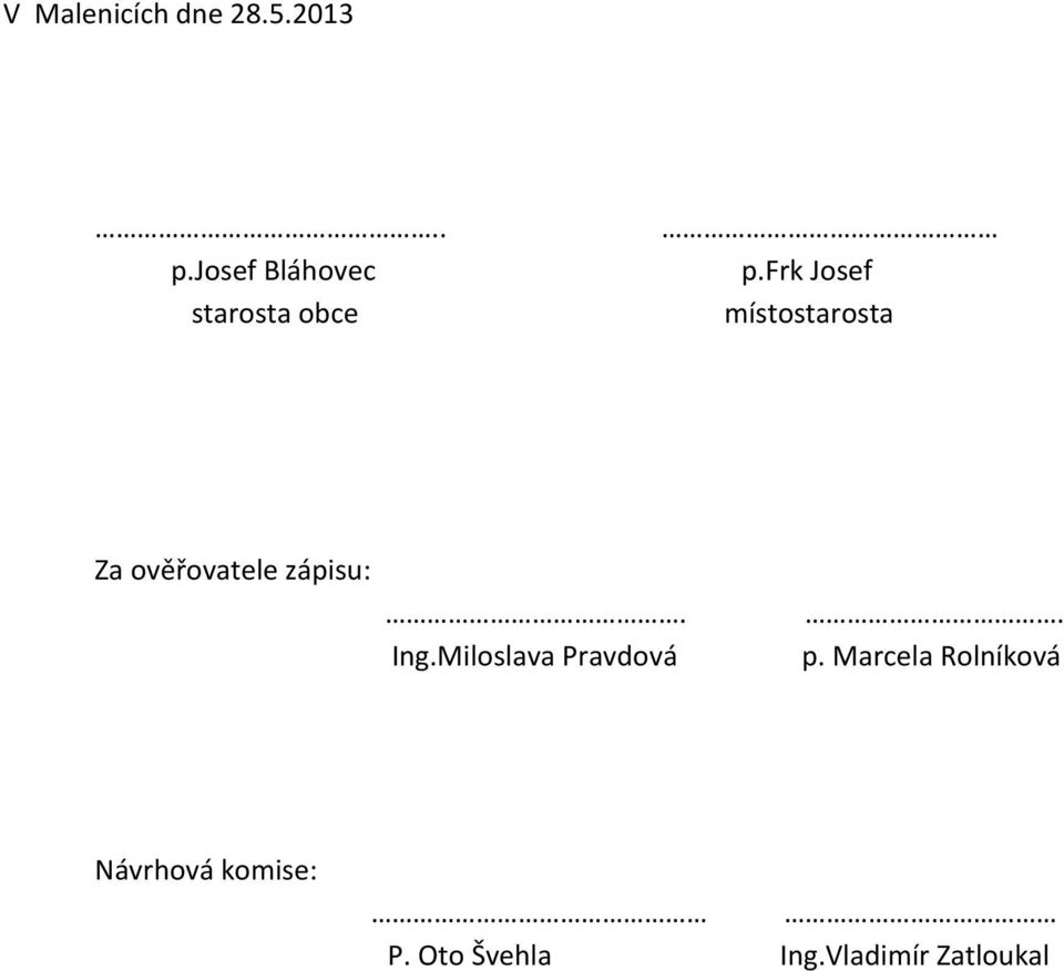 frk Josef místostarosta Za ověřovatele zápisu:. Ing.