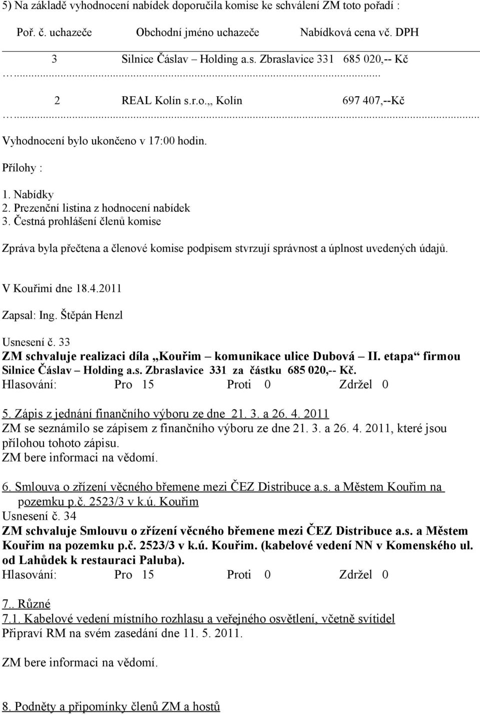 Čestná prohlášení členů komise Zpráva byla přečtena a členové komise podpisem stvrzují správnost a úplnost uvedených údajů. V Kouřimi d 18.4.2011 Zapsal: Ing. Štěpán Henzl Ussení č.