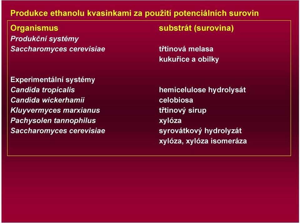 marxianus Pachysolen tannophilus Saccharomyces cerevisiae substrát (surovina) třtinová melasa