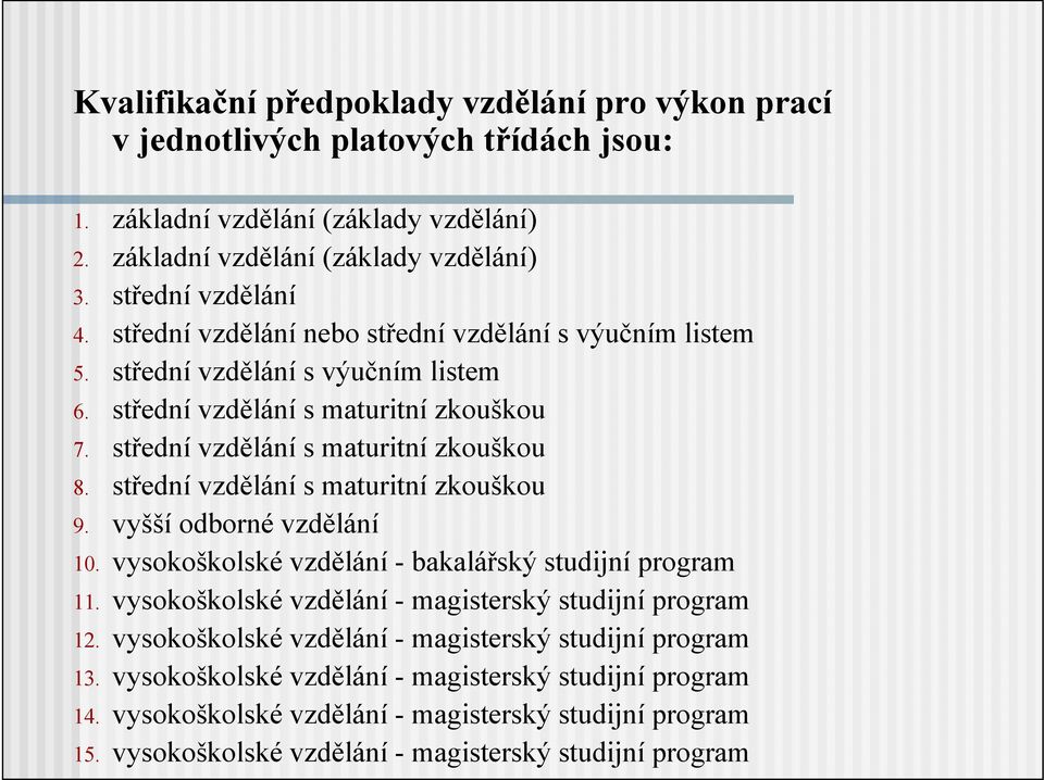 střední vzdělání s maturitní zkouškou 9. vyšší odborné vzdělání 10. vysokoškolské vzdělání - bakalářský studijní program 11. vysokoškolské vzdělání - magisterský studijní program 12.