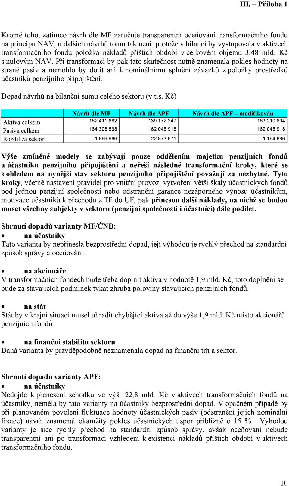 Při transformaci by pak tato skutečnost nutně znamenala pokles hodnoty na straně pasiv a nemohlo by dojít ani k nominálnímu splnění závazků z položky prostředků účastníků penzijního připojištění.