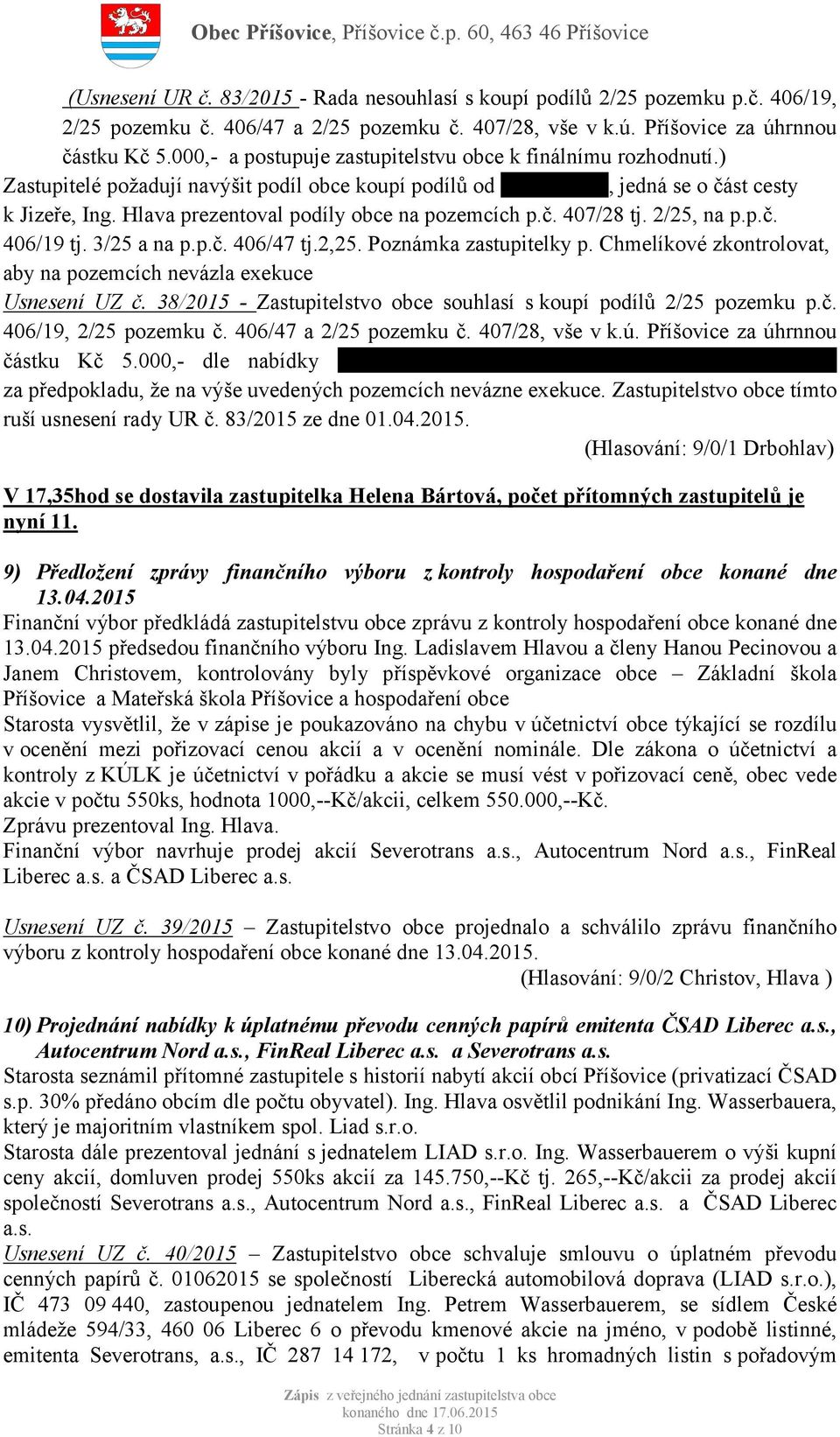 Hlava prezentoval podíly obce na pozemcích p.č. 407/28 tj. 2/25, na p.p.č. 406/19 tj. 3/25 a na p.p.č. 406/47 tj.2,25. Poznámka zastupitelky p.