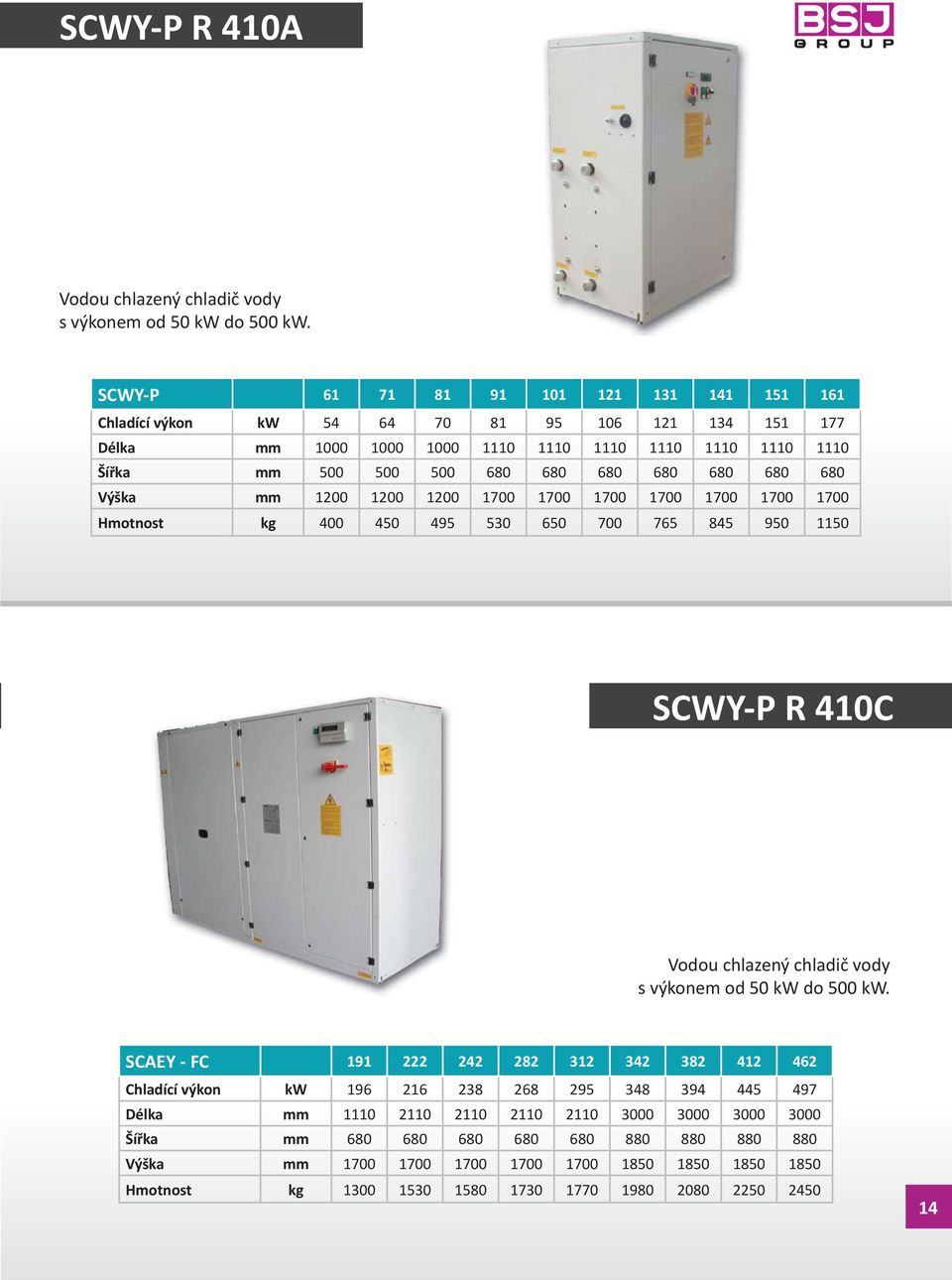 680 680 680 Výška mm 1200 1200 1200 1700 1700 1700 1700 1700 1700 1700 Hmotnost kg 400 450 495 530 650 700 765 845 950 1150 SCWY-P R 410C Vodou chlazený chladič vody s výkonem od 50 kw do 500
