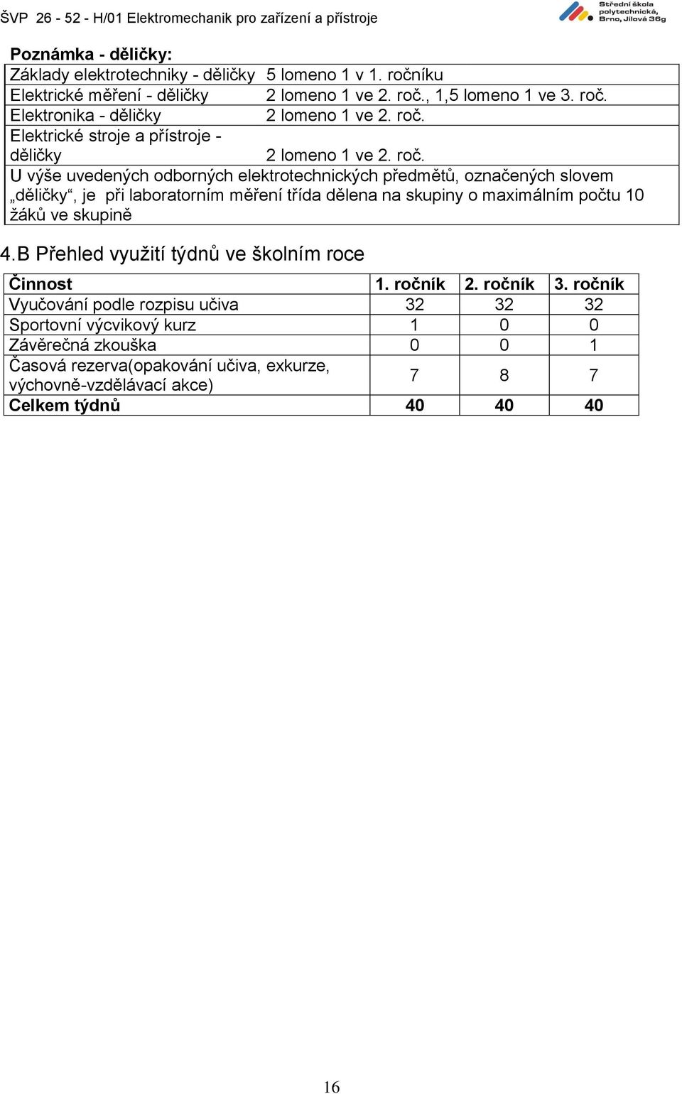 U výše uvedených odborných elektrotechnických předmětů, označených slovem děličky, je při laboratorním měření třída dělena na skupiny o maximálním počtu 10 žáků ve skupině 4.
