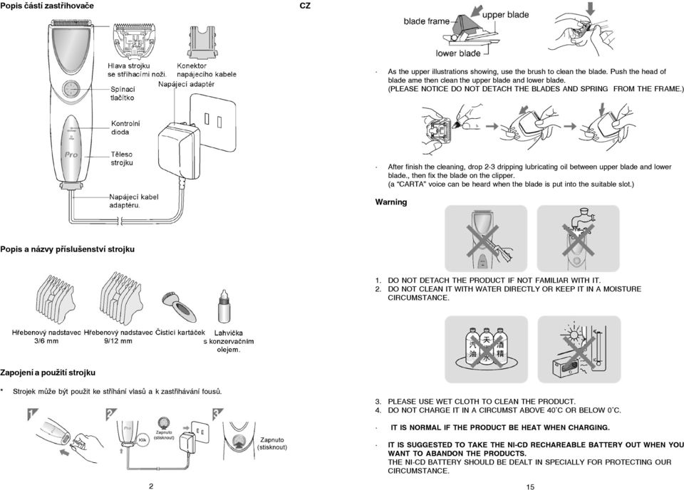 , then fix the blade on the clipper. (a CARTA voice can be heard when the blade is put into the suitable slot.) Warning Popis a názvy příslušenství strojku 1.