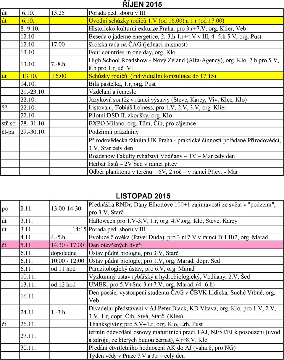 h High School Roadshow - Nový Zéland (Alfa-Agency), org. Klo, 7.h pro 5.V, 8.h pro 1.r, uč. VI út 13.10. 16.00 Schůzky rodičů (individuální konzultace do 17.15) 14.10. Bílá pastelka, 1.r, org.