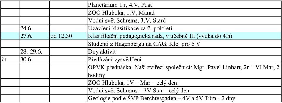 V 28.-29.6. Dny aktivit čt 30.6. Předávání vysvědčení OPVK přednáška: Naši zvířecí společníci: Mgr.