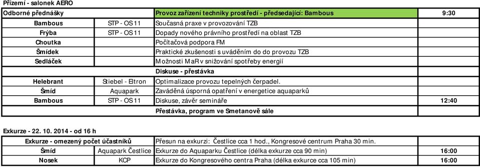 Optimalizace provozu tepelných čerpadel. Šmíd Aquapark Zaváděná úsporná opatření v energetice aquaparků Bambous STP - OS 11, závěr semináře 12:40 Přestávka, program ve Smetanově sále Exkurze - 22. 10.