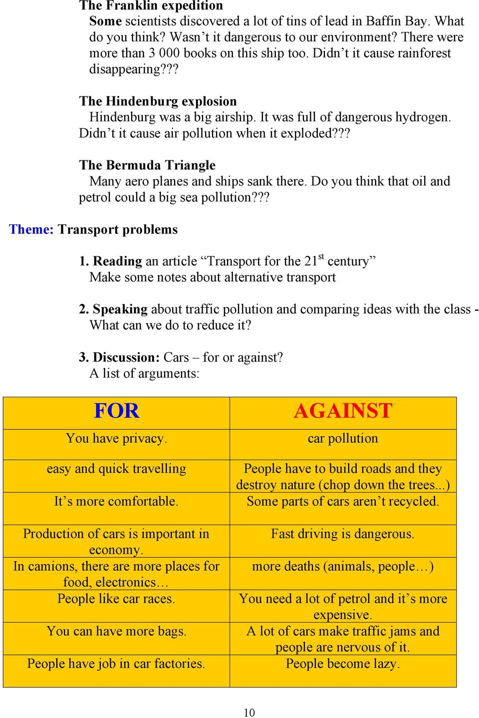 ?? The Bermuda Triangle Many aero planes and ships sank there. Do you think that oil and petrol could a big sea pollution??? Theme: Transport problems 1.