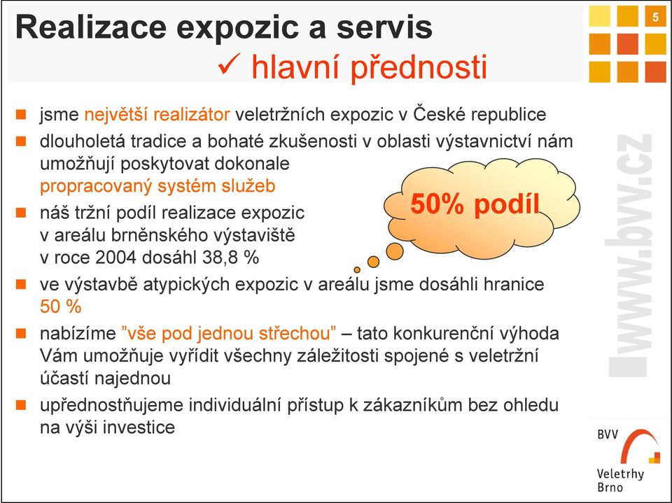 2004 dosáhl 38,8 % 50% podíl ve výstavbě atypických expozic v areálu jsme dosáhli hranice 50 % nabízíme vše pod jednou střechou tato konkurenční výhoda