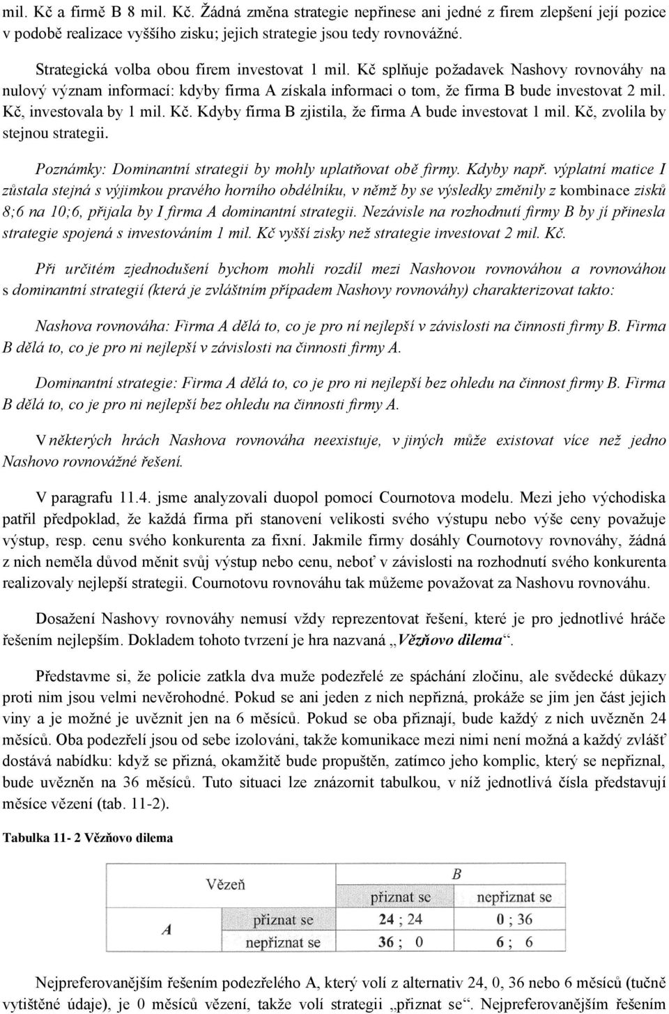 Kč, investovala by 1 mil. Kč. Kdyby firma B zjistila, že firma A bude investovat 1 mil. Kč, zvolila by stejnou strategii. Poznámky: Dominantní strategii by mohly uplatňovat obě firmy. Kdyby např.