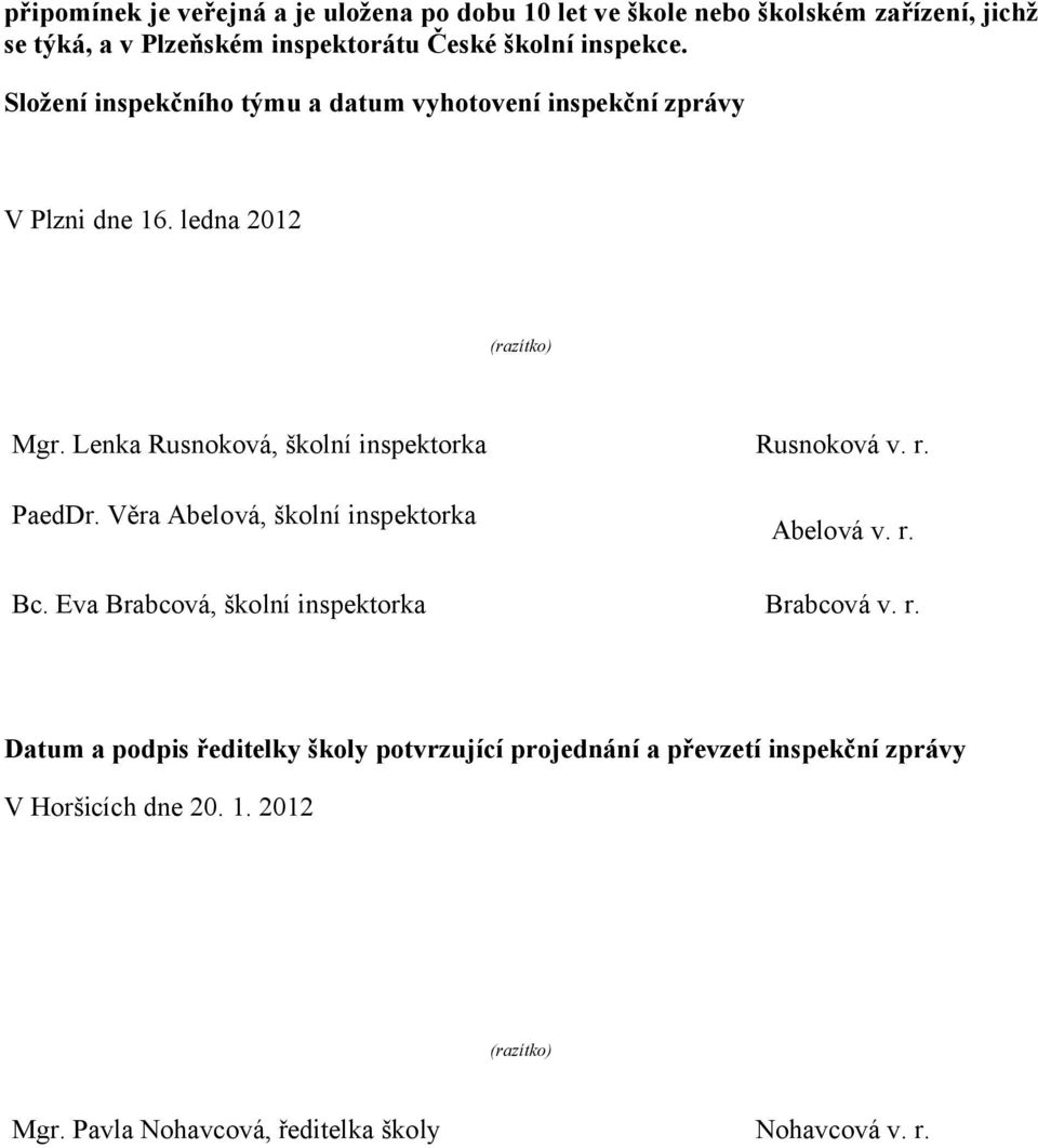 Lenka Rusnoková, školní inspektorka Rusnoková v. r. PaedDr. Věra Abelová, školní inspektorka Abelová v. r. Bc.