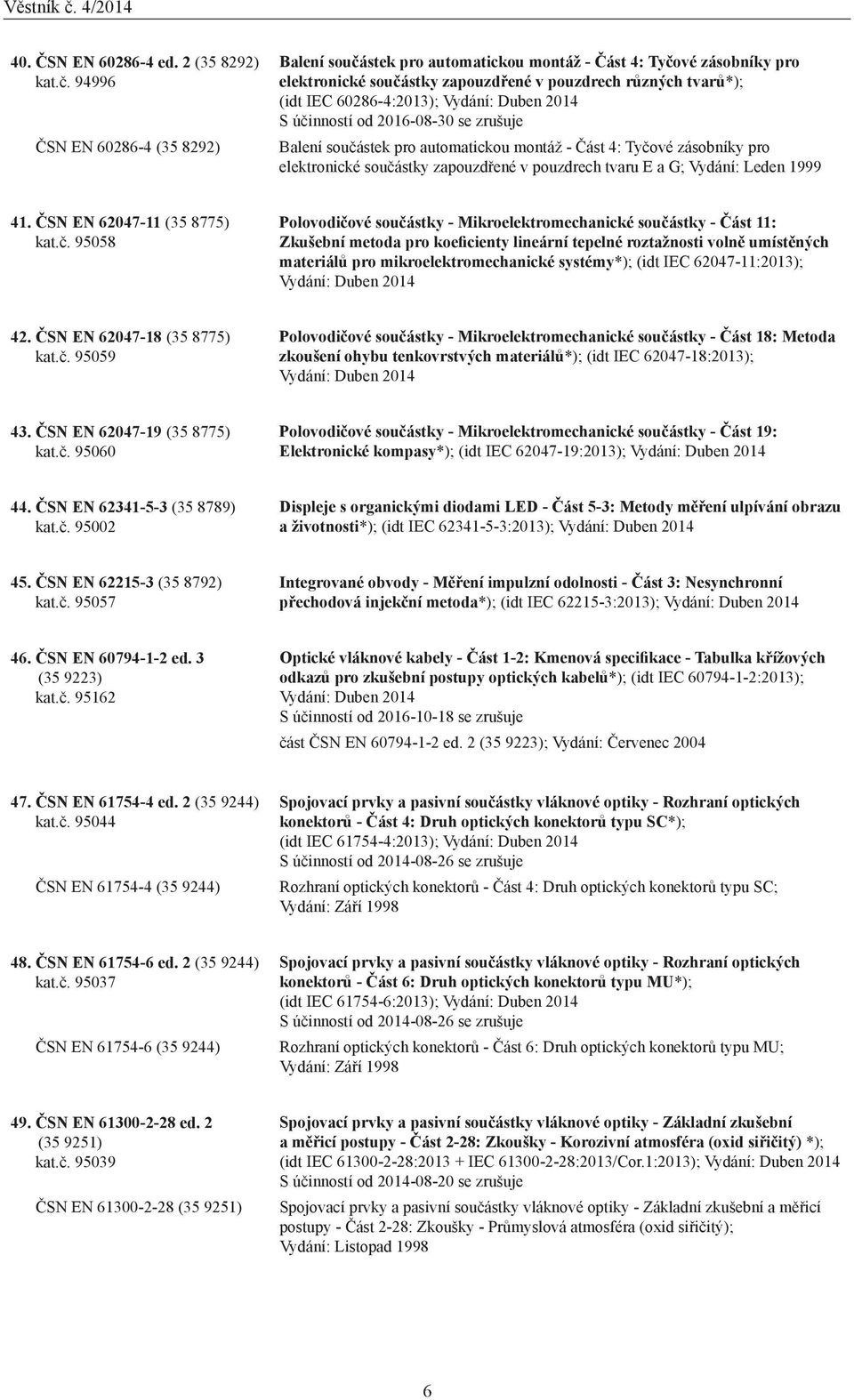 Duben 2014 S účinností od 2016-08-30 se zrušuje Balení součástek pro automatickou montáž - Část 4: Tyčové zásobníky pro elektronické součástky zapouzdřené v pouzdrech tvaru E a G; Vydání: Leden 1999