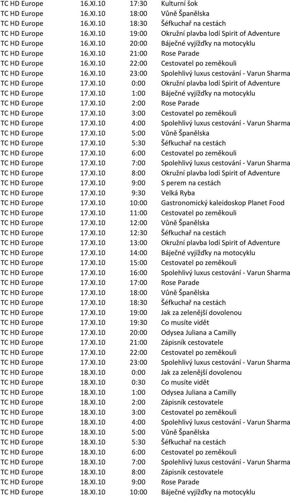 XI.10 0:00 Okružní plavba lodí Spirit of Adventure TC HD Europe 17.XI.10 1:00 Báječné vyjížďky na motocyklu TC HD Europe 17.XI.10 2:00 Rose Parade TC HD Europe 17.XI.10 3:00 Cestovatel po zeměkouli TC HD Europe 17.