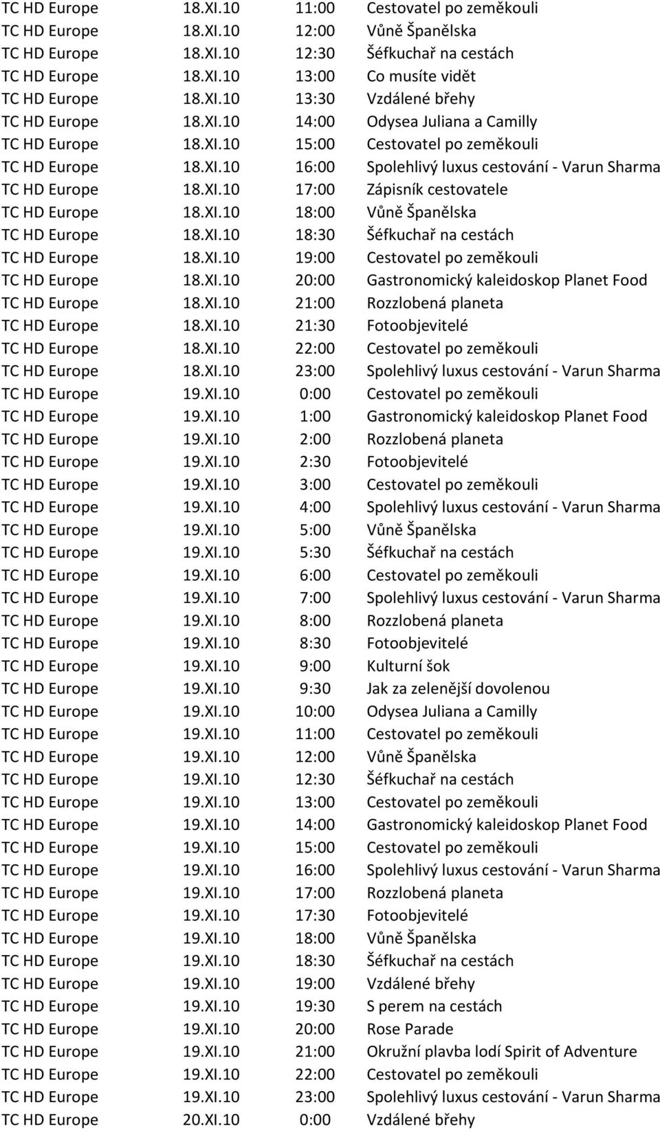XI.10 17:00 Zápisník cestovatele TC HD Europe 18.XI.10 18:00 Vůně Španělska TC HD Europe 18.XI.10 18:30 Šéfkuchař na cestách TC HD Europe 18.XI.10 19:00 Cestovatel po zeměkouli TC HD Europe 18.XI.10 20:00 Gastronomický kaleidoskop Planet Food TC HD Europe 18.