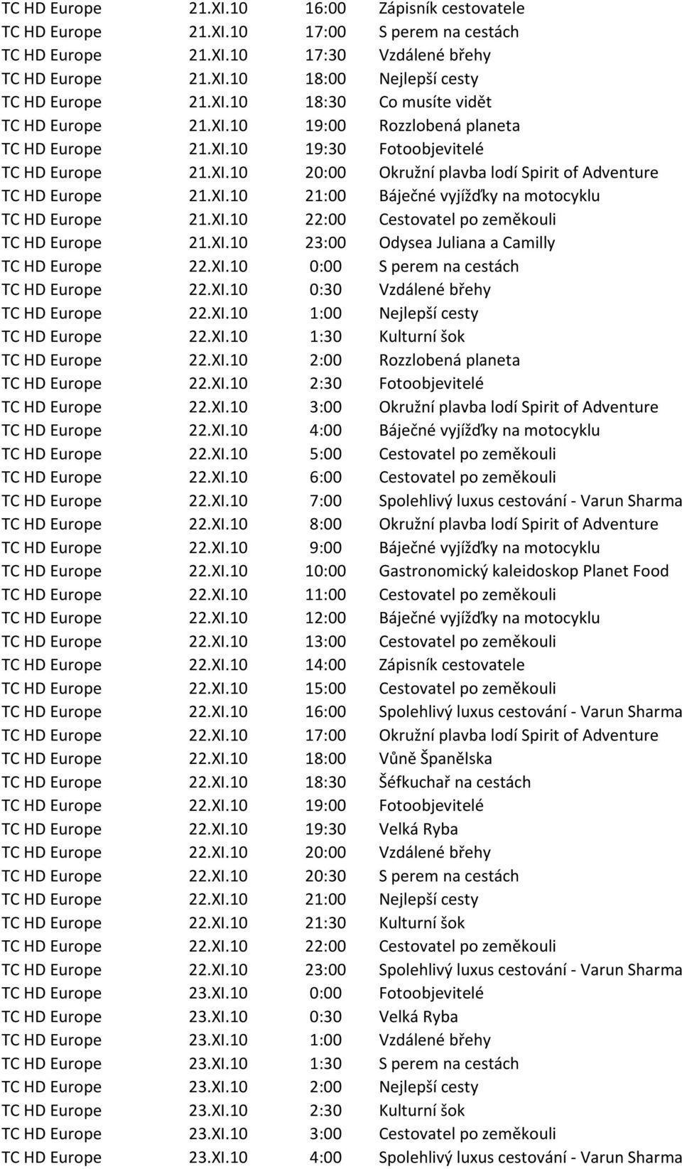 XI.10 21:00 Báječné vyjížďky na motocyklu TC HD Europe 21.XI.10 22:00 Cestovatel po zeměkouli TC HD Europe 21.XI.10 23:00 Odysea Juliana a Camilly TC HD Europe 22.XI.10 0:00 S perem na cestách TC HD Europe 22.