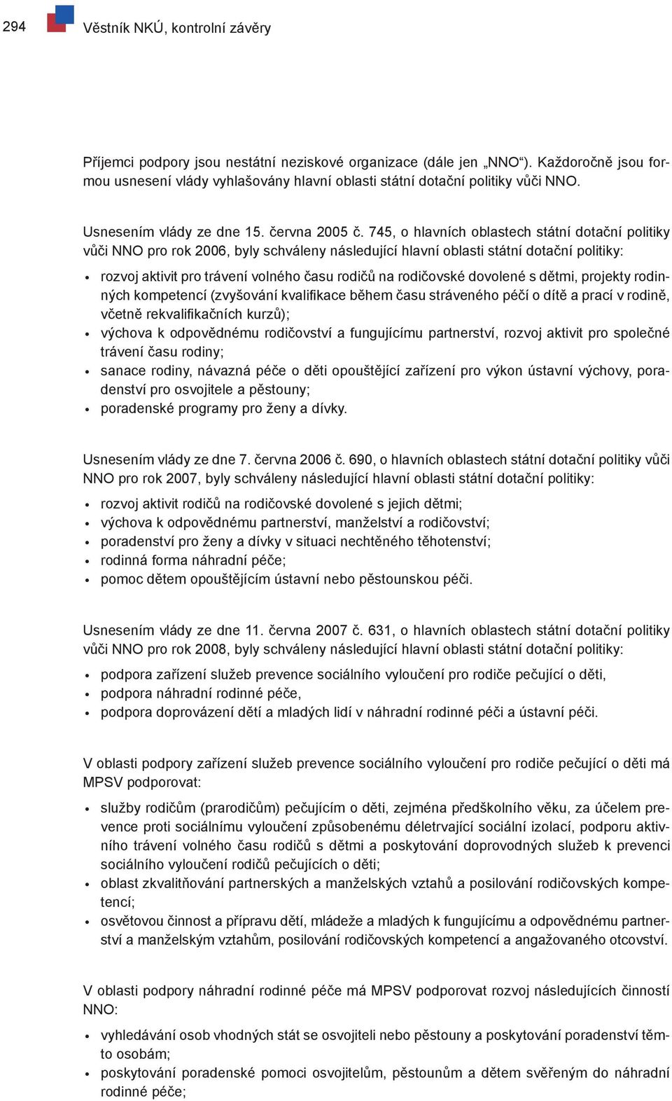 745, o hlavních oblastech státní dotační politiky vůči NNO pro rok 2006, byly schváleny následující hlavní oblasti státní dotační politiky: rozvoj aktivit pro trávení volného času rodičů na