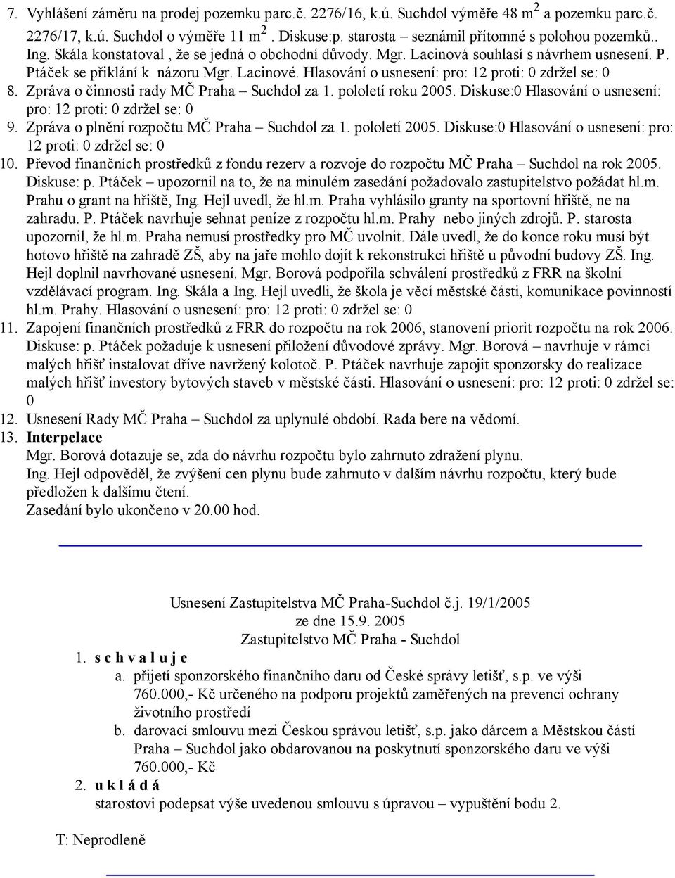 Zpráva o činnosti rady MČ Praha Suchdol za pololetí roku 2005. Diskuse:0 Hlasování o usnesení: pro: 12 proti: 0 zdržel se: 0 9. Zpráva o plnění rozpočtu MČ Praha Suchdol za pololetí 2005.