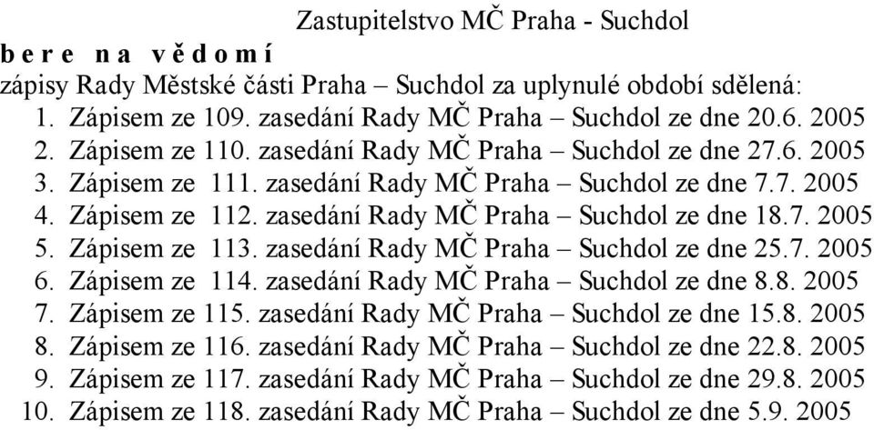 Zápisem ze 113. zasedání Rady MČ Praha Suchdol ze dne 25.7. 2005 6. Zápisem ze 114. zasedání Rady MČ Praha Suchdol ze dne 8.8. 2005 7. Zápisem ze 115.
