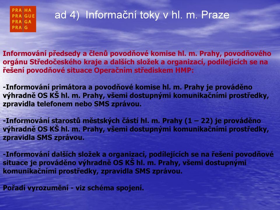 Prahy, povodňového orgánu Středočeského kraje a dalších složek a organizací, podílejících se na řešení povodňové situace Operačním střediskem HMP: -Informování primátora a povodňové komise hl. m.