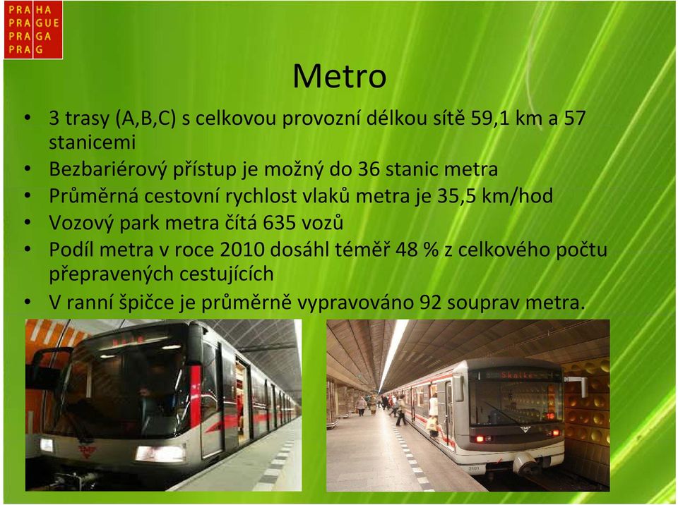 metra je 35,55 km/hod Vozový park metra čítá 635 vozů Podíl metra v roce 2010 dosáhl