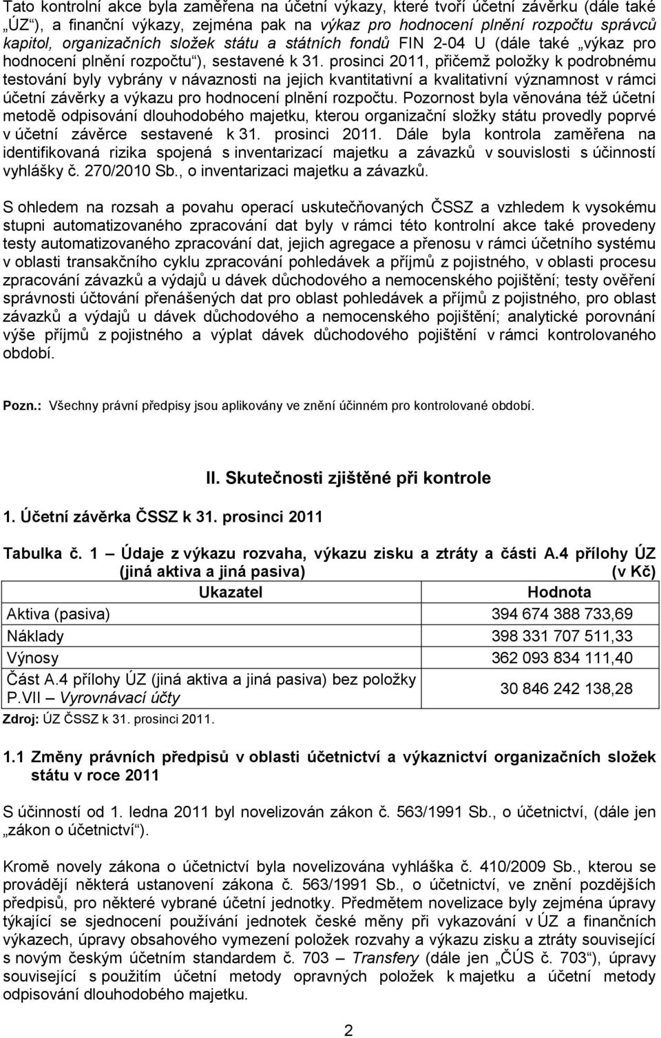 prosinci 2011, přičemž položky k podrobnému testování byly vybrány v návaznosti na jejich kvantitativní a kvalitativní významnost v rámci účetní závěrky a výkazu pro hodnocení plnění rozpočtu.