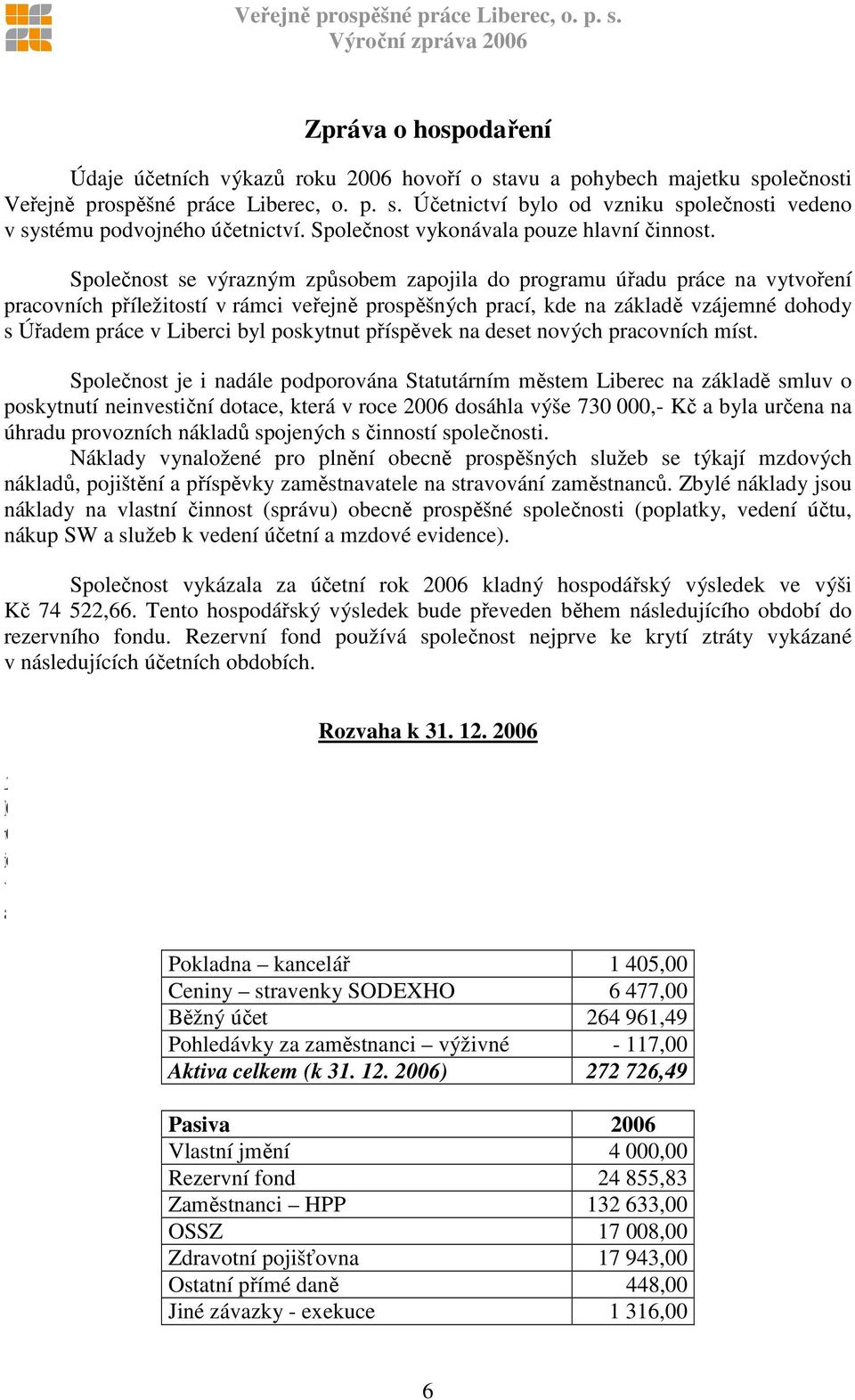 Společnost se výrazným způsobem zapojila do programu úřadu práce na vytvoření pracovních příležitostí v rámci veřejně prospěšných prací, kde na základě vzájemné dohody s Úřadem práce v Liberci byl