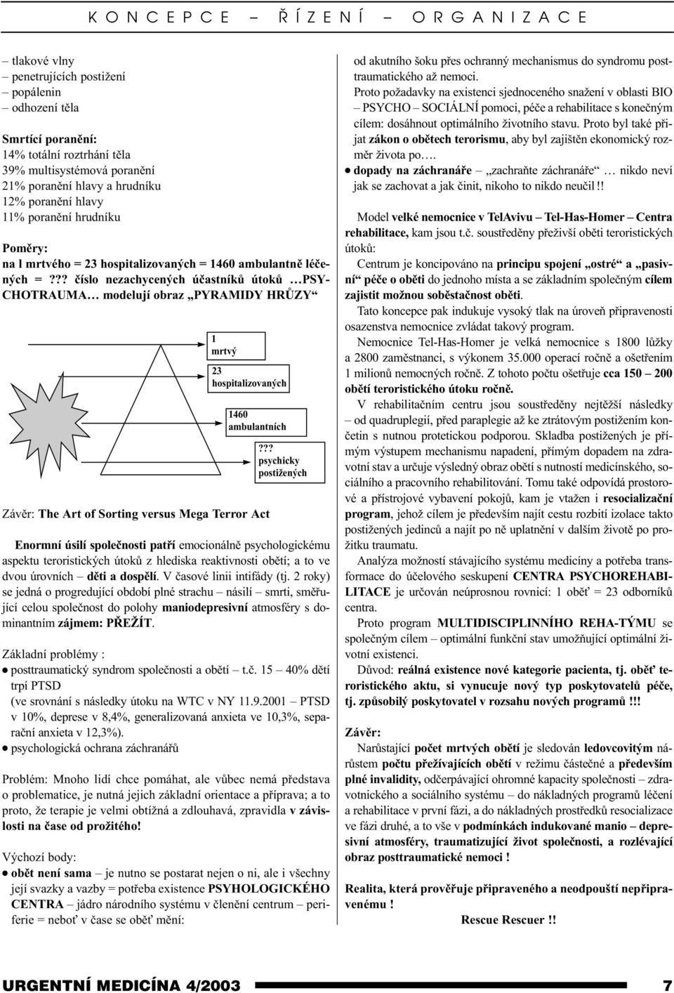 ?? èíslo nezachycených úèastníkù útokù PSY- CHOTRAUMA modelují obraz PYRAMIDY HRÙZY 1 mrtvý 23 hospitalizovaných 1460 ambulantních Závìr: The Art of Sorting versus Mega Terror Act?