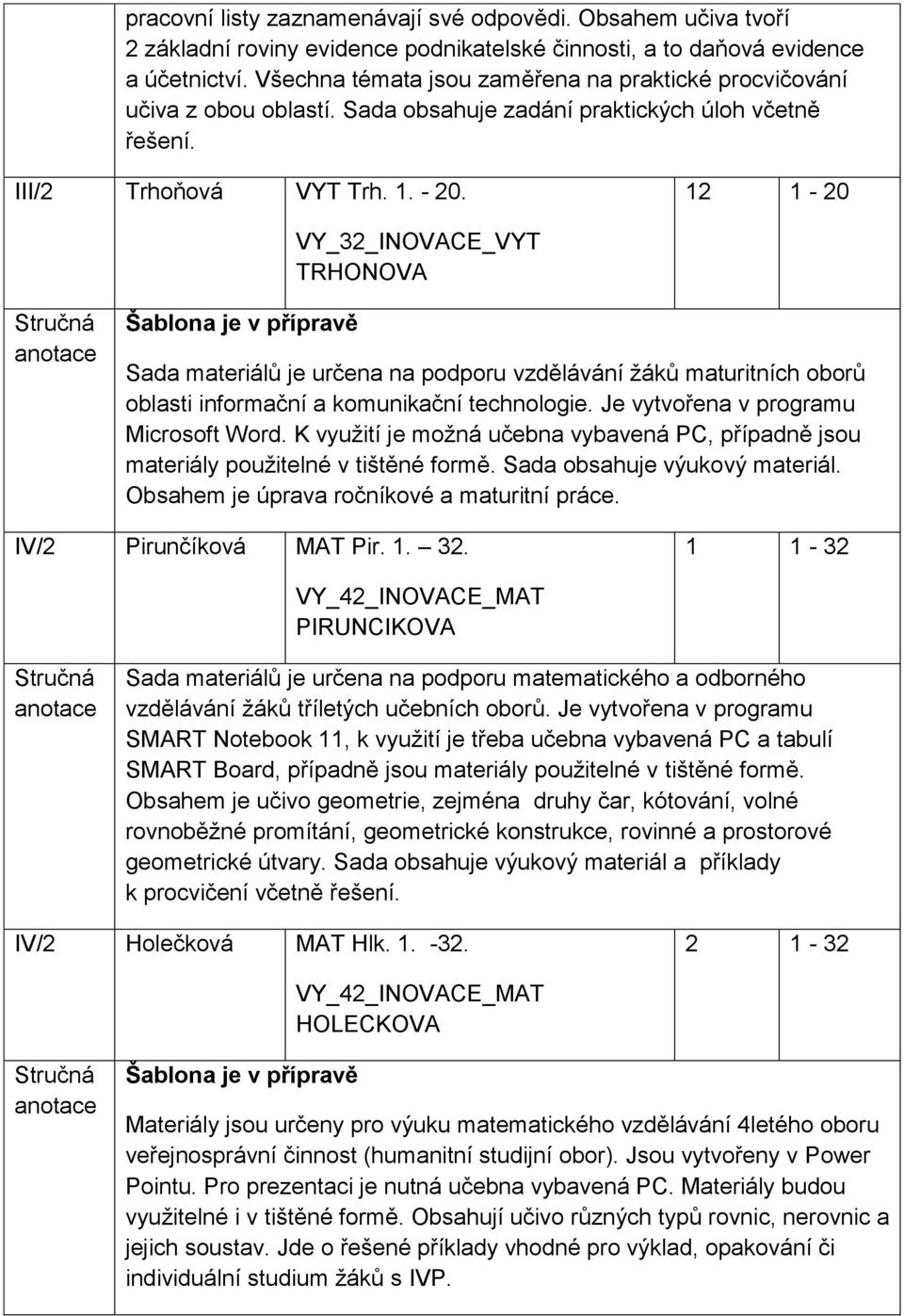 12 1-20 VY_32_INOVACE_VYT TRHONOVA Sada materiálů je určena na podporu vzdělávání žáků maturitních oborů oblasti informační a komunikační technologie. Je vytvořena v programu Microsoft Word.