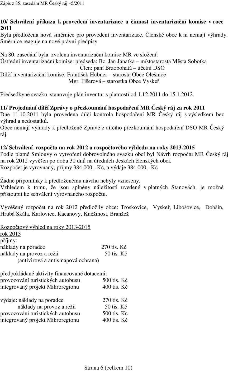 Jan Janatka místostarosta Města Sobotka Člen: paní Brzobohatá účetní DSO Dílčí inventarizační komise: František Hübner starosta Obce Olešnice Mgr.