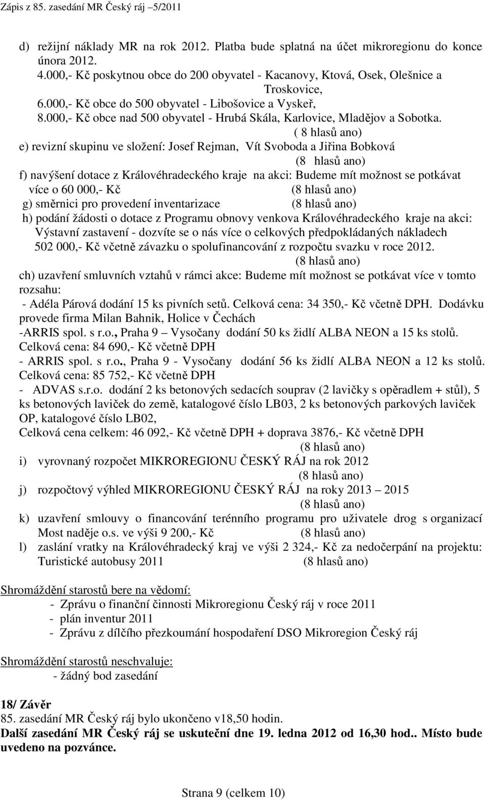 ( 8 hlasů ano) e) revizní skupinu ve složení: Josef Rejman, Vít Svoboda a Jiřina Bobková f) navýšení dotace z Královéhradeckého kraje na akci: Budeme mít možnost se potkávat více o 60 000,- Kč g)