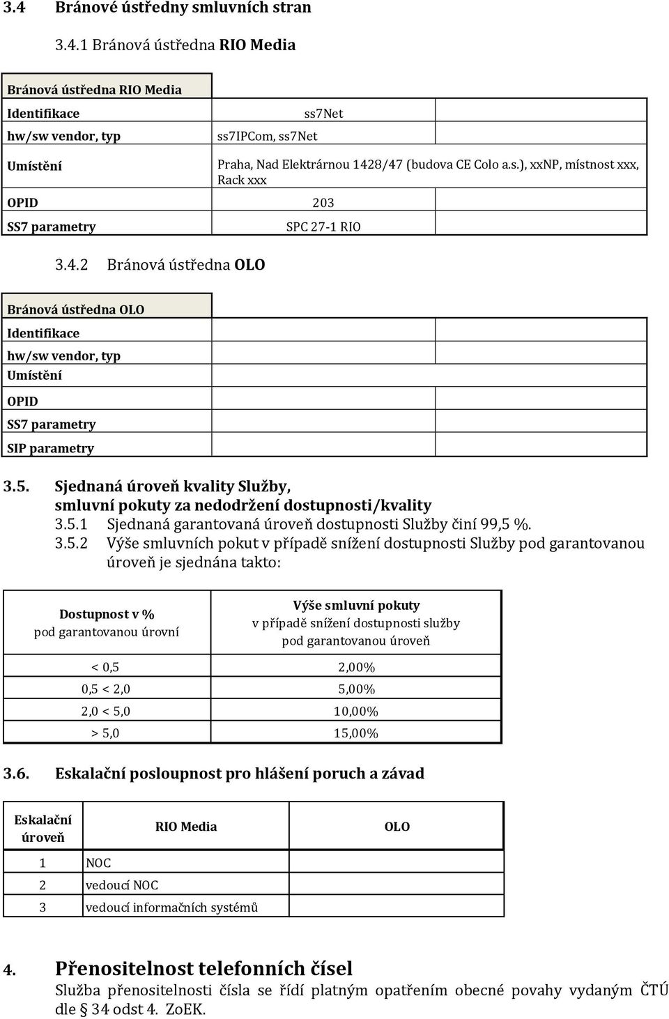 Sjednaná úroveň kvality Služby, smluvní pokuty za nedodržení dostupnosti/kvality 3.5.