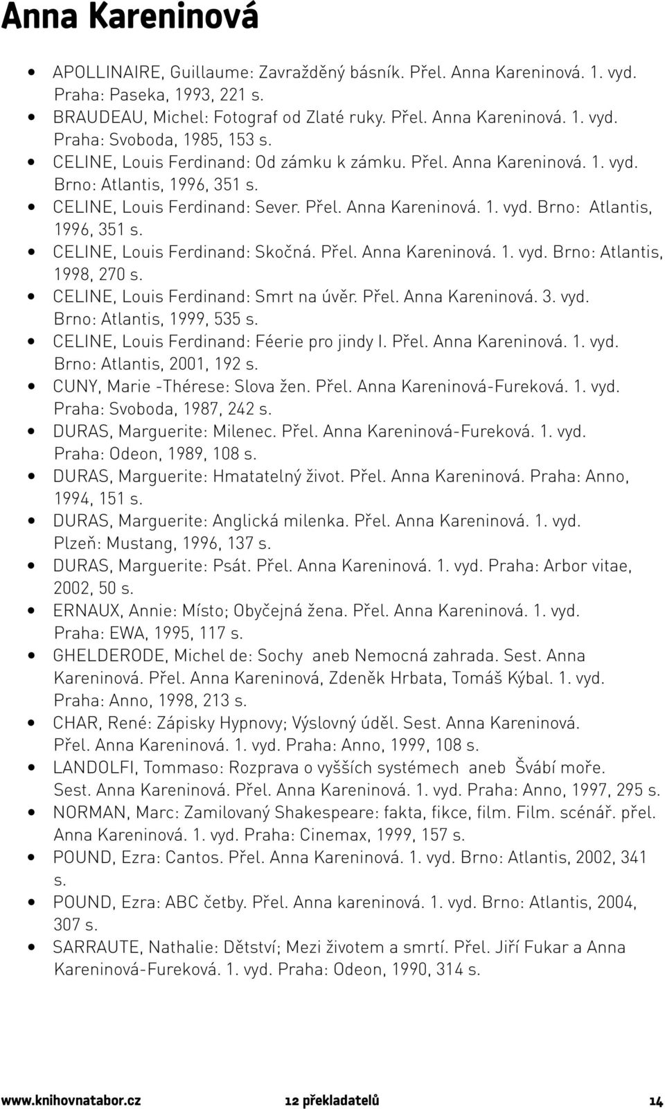 Přel. Anna Kareninová. 1. vyd. Brno: Atlantis, 1998, 270 s. CELINE, Louis Ferdinand: Smrt na úvěr. Přel. Anna Kareninová. 3. vyd. Brno: Atlantis, 1999, 535 s.