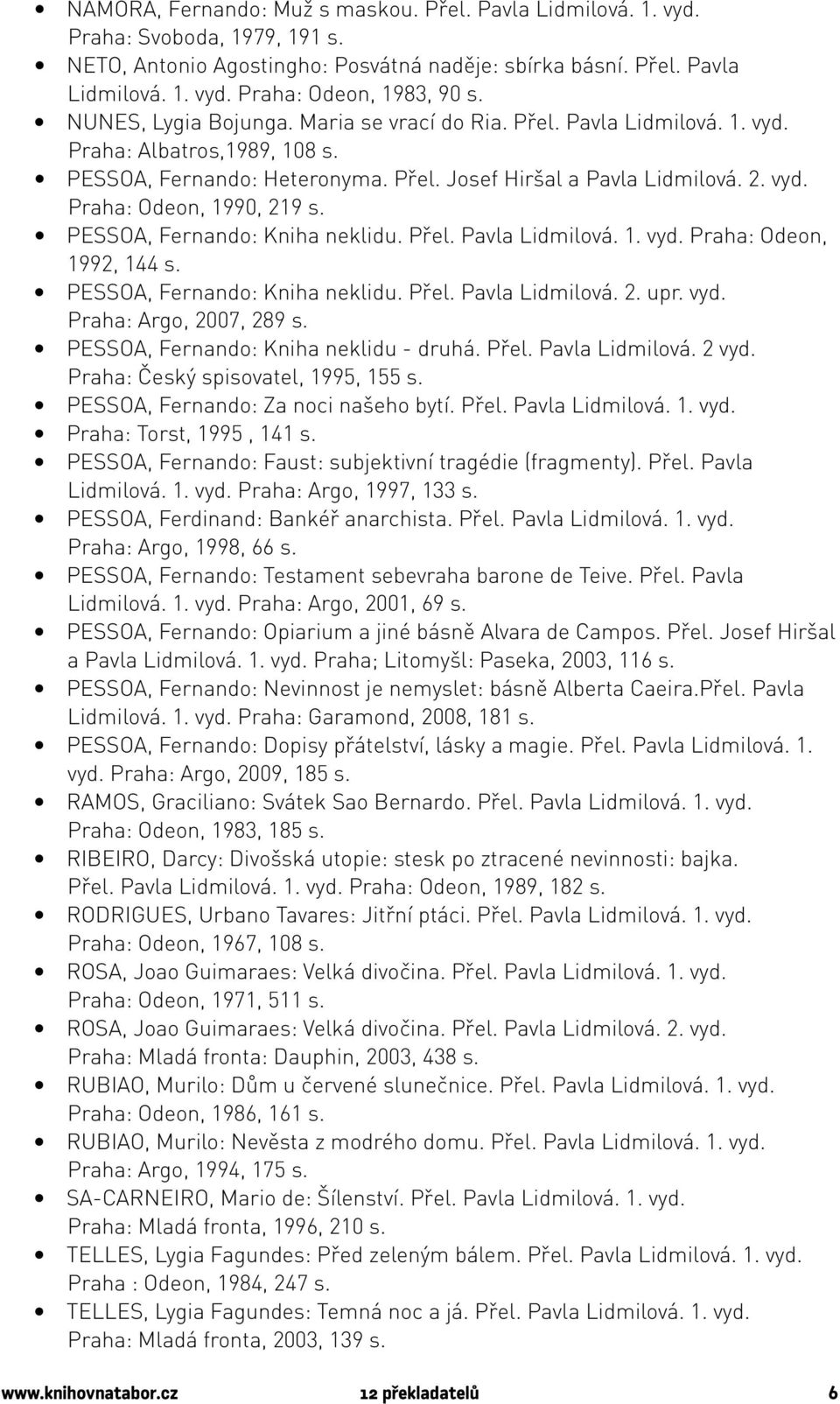 PESSOA, Fernando: Kniha neklidu. Přel. Pavla Lidmilová. 1. vyd. Praha: Odeon, 1992, 144 s. PESSOA, Fernando: Kniha neklidu. Přel. Pavla Lidmilová. 2. upr. vyd. Praha: Argo, 2007, 289 s.