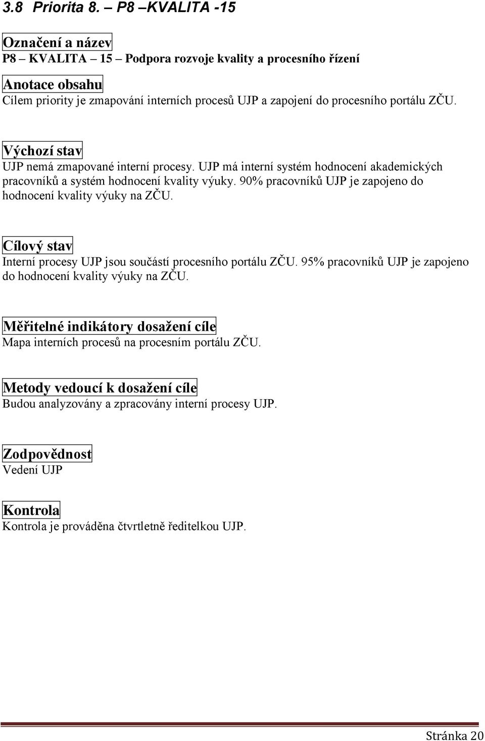 Výchozí stav UJP nemá zmapované interní procesy. UJP má interní systém hodnocení akademických pracovníků a systém hodnocení kvality výuky.