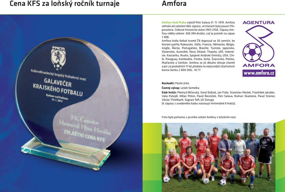 Amfora hrála fotbal kromě ČR doposud ve 30 zemích, ke kterým patřily Rakousko, Itálie, Francie, Německo, Belgie, Anglie, Řecko, Portugalsko, Brazílie, Tunisko, Japonsko, Slovensko, Austrálie, Nový