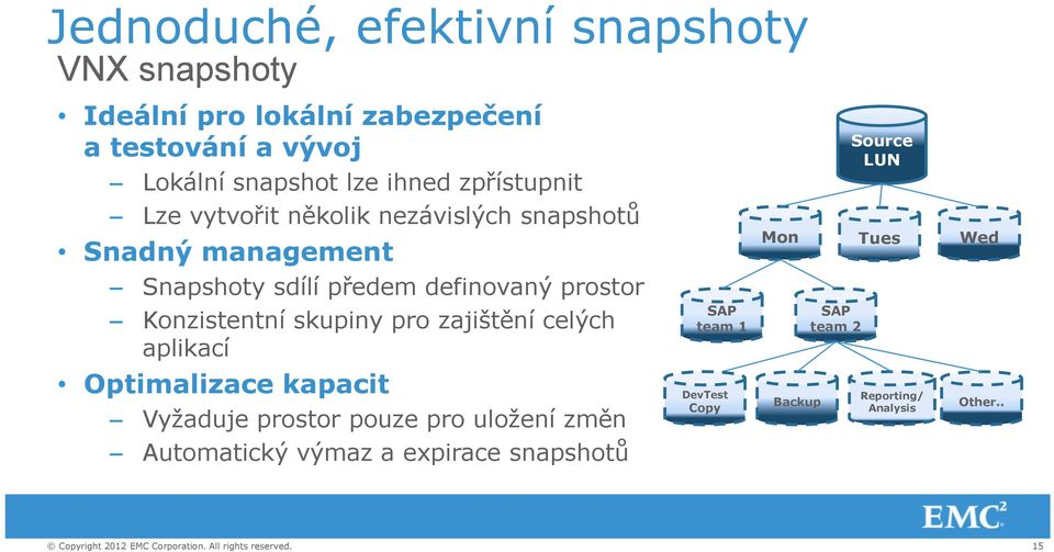 Konzistentní skupiny pro zajištění celých aplikací Optimalizace kapacit Vyžaduje prostor pouze pro uložení změn