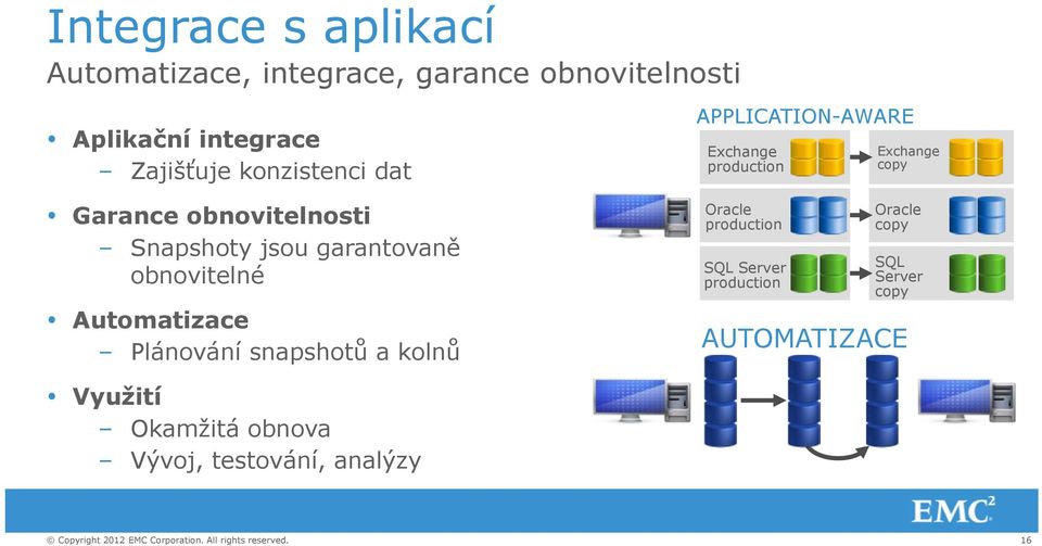 jsou garantovaně obnovitelné Automatizace Plánování snapshotů a kolnů Oracle production SQL Server