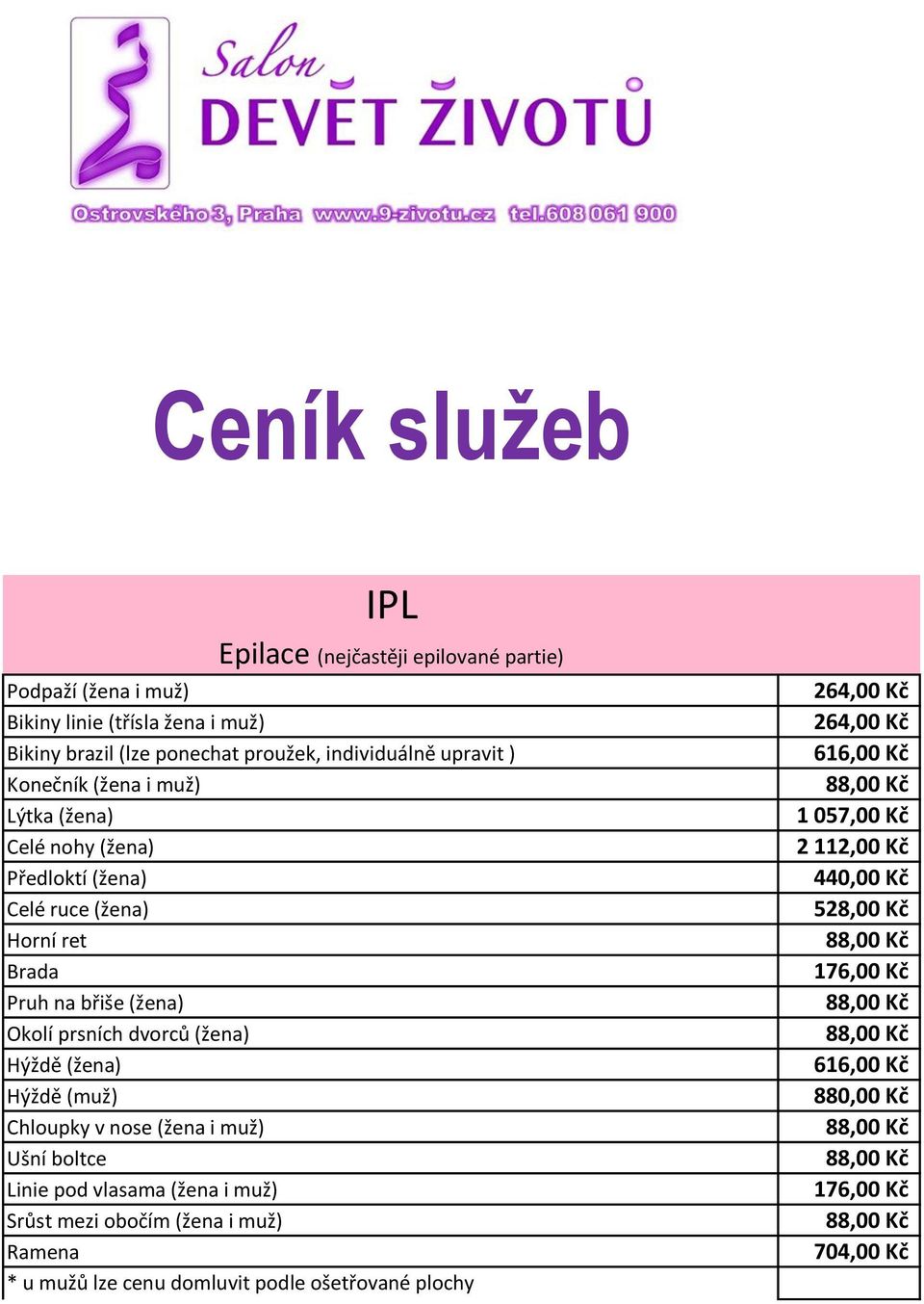 (muž) Chloupky v nose (žena i muž) Ušní boltce Linie pod vlasama (žena i muž) Srůst mezi obočím (žena i muž) Ramena * u mužů lze cenu domluvit podle ošetřované plochy